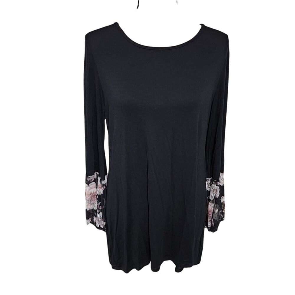 Elliott & Vine Black Floral Mesh Bell Sleeve Tunic Top XL NWT 6656
